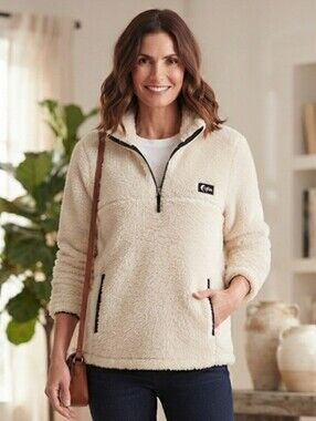 Zyia Womens Fluffy Cream  Cozy Pullover 1/4 Zip Sweater Sweatshirt Pullover sz L